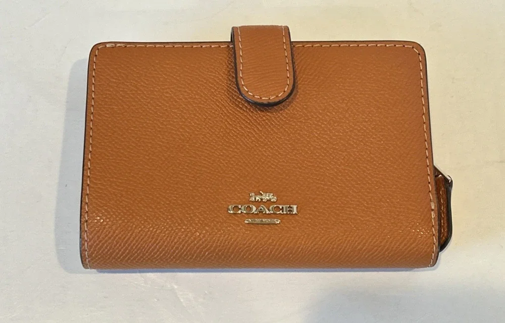 Coach Medium Bifold Snap Wallet Crossgrain Leather Corner Zip Orange ID Window